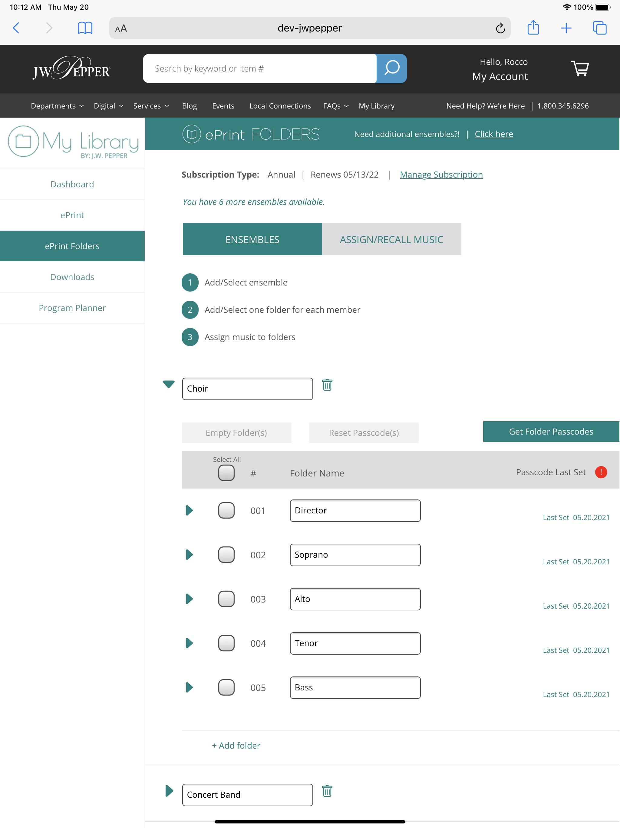 ePrint Folders Ensembles Menu