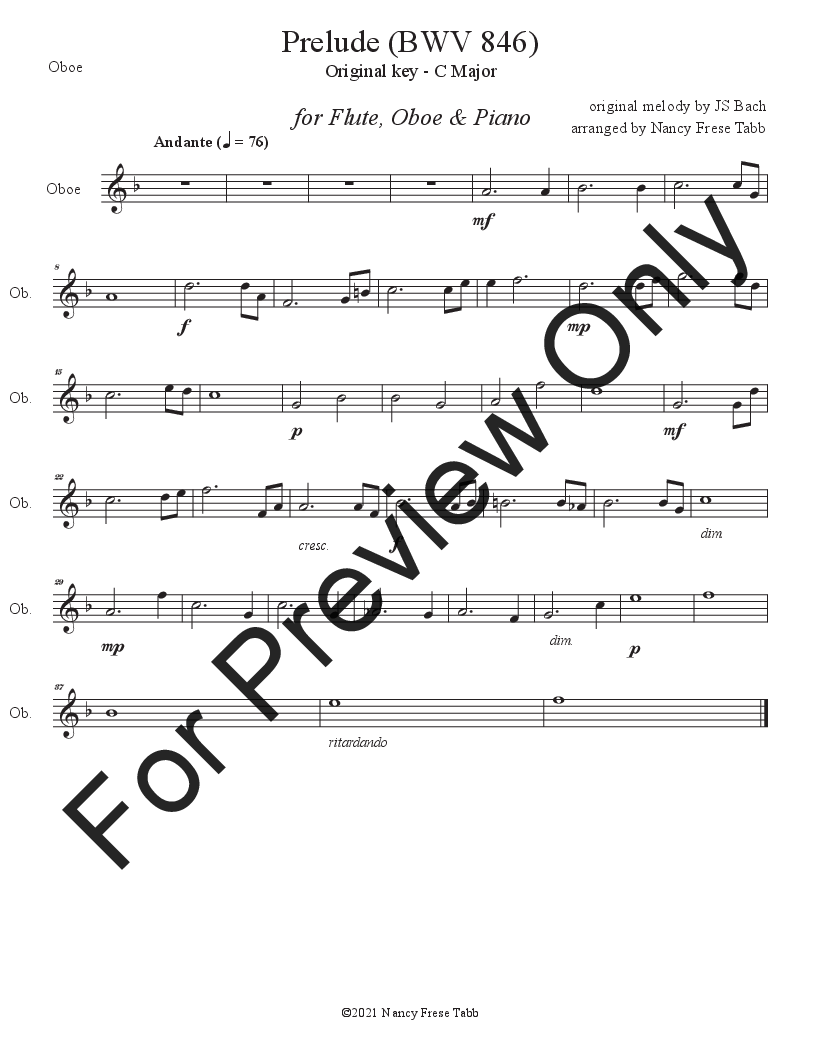 Bach Prelude (BWV 846) arranged for Flute and Oboe Duet with Piano P.O.D.