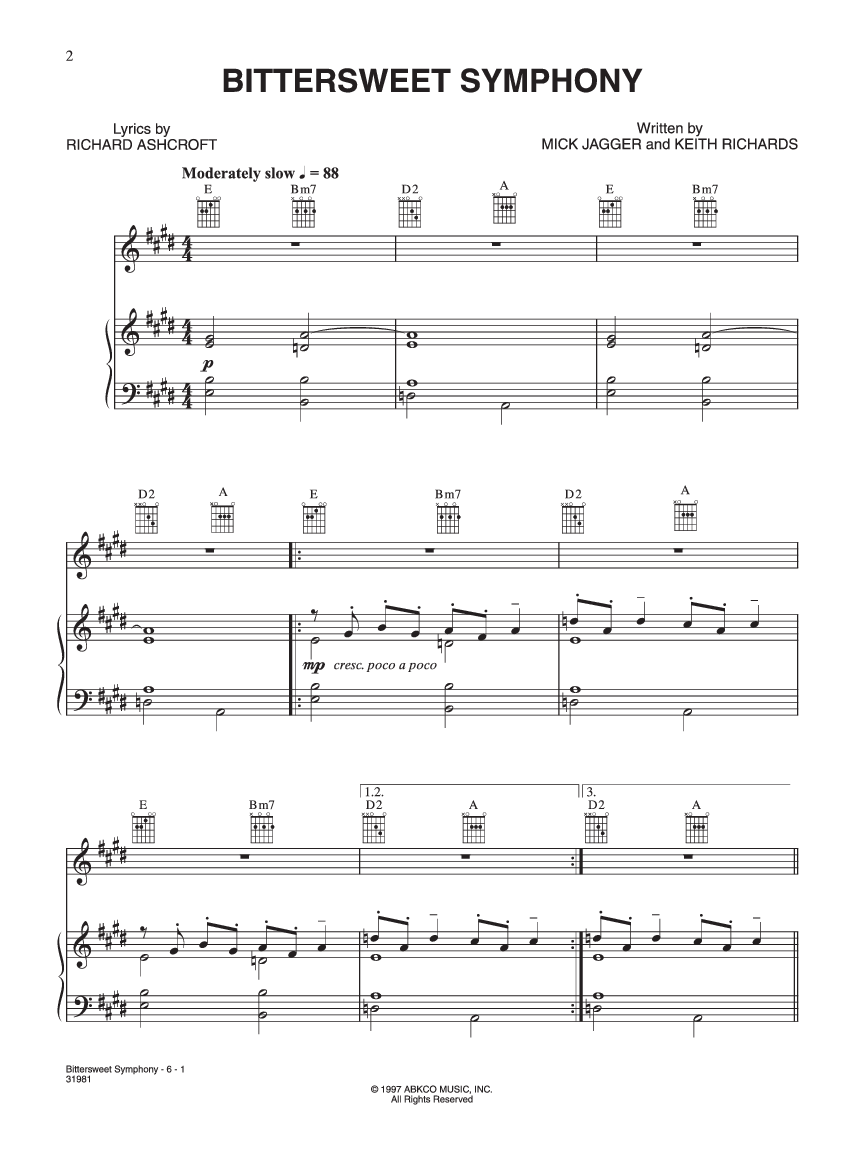 Bittersweet Symphony By Verve J W Pepper Sheet Music