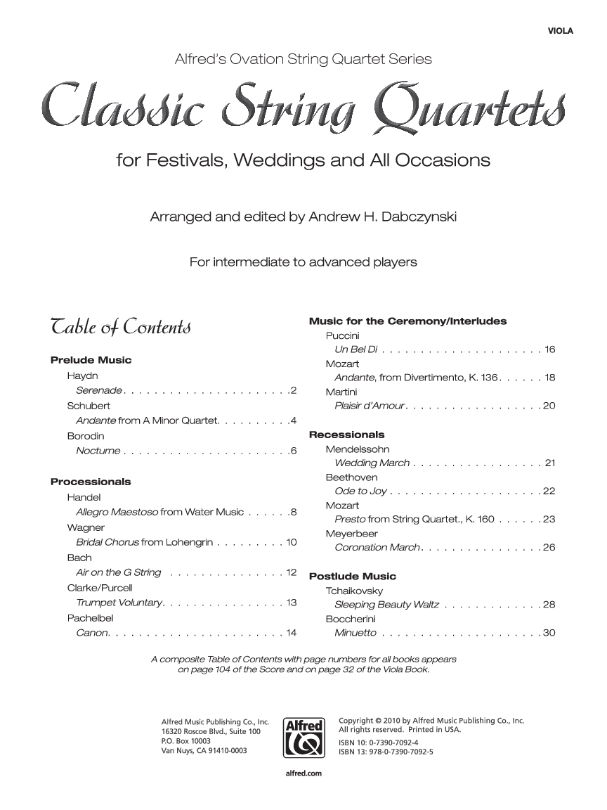CLASSIC STRING QUARTETS FOR FESTIVALS WEDDINGS AND ALL OCCASIONS - Viola