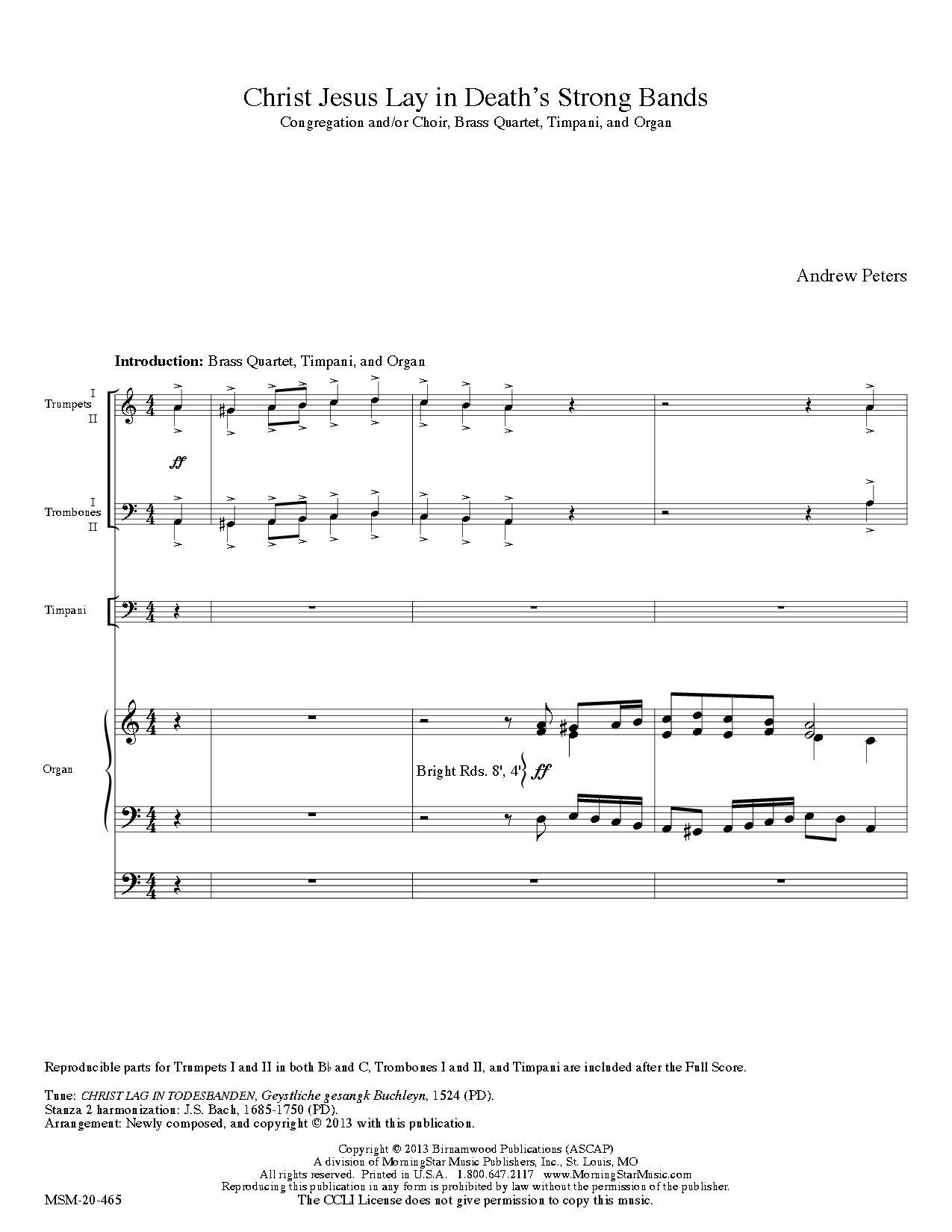 Christ Jesus Lay in Death's Strong Bands SATB/ Brass Quintet/ Timpani/ Organ/ Oboe