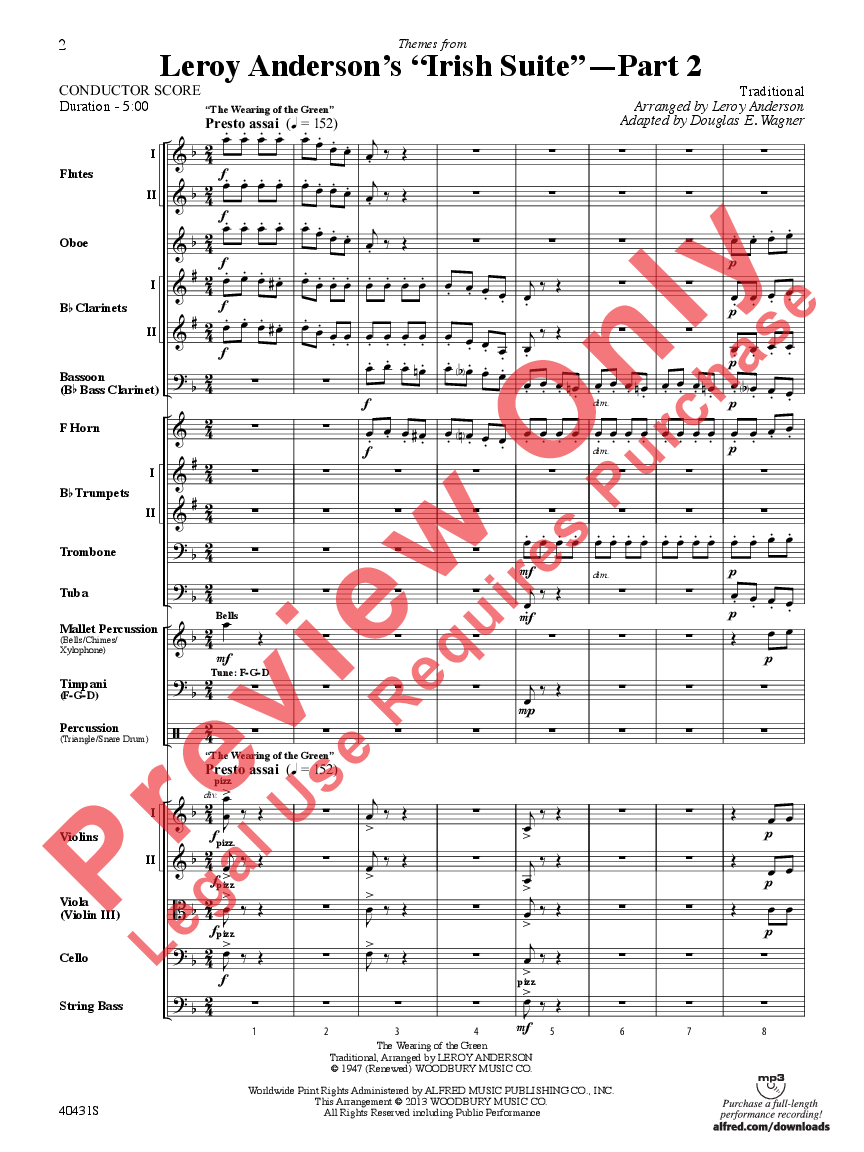 Leroy Anderson's Irish Suite #2 ( Themes from) Score