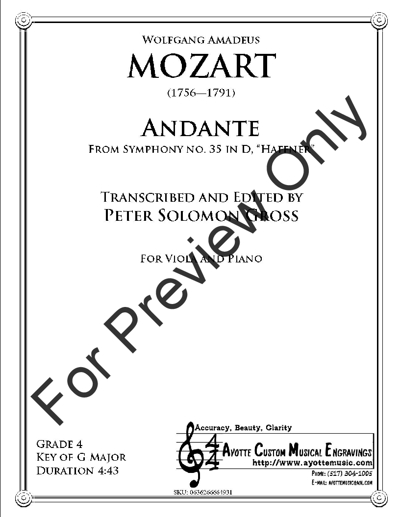 Symphony No. 35, Haffnner K. 385 - Andante for Viola and Piano P.O.D.