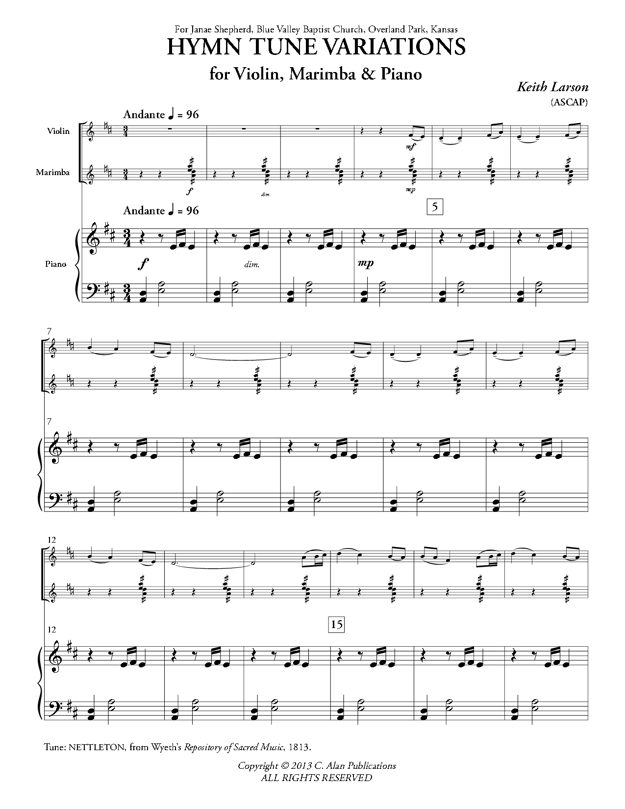 Hymn Tune Variations C Instrument or Alto Saxophone Solo with Marimba and Piano