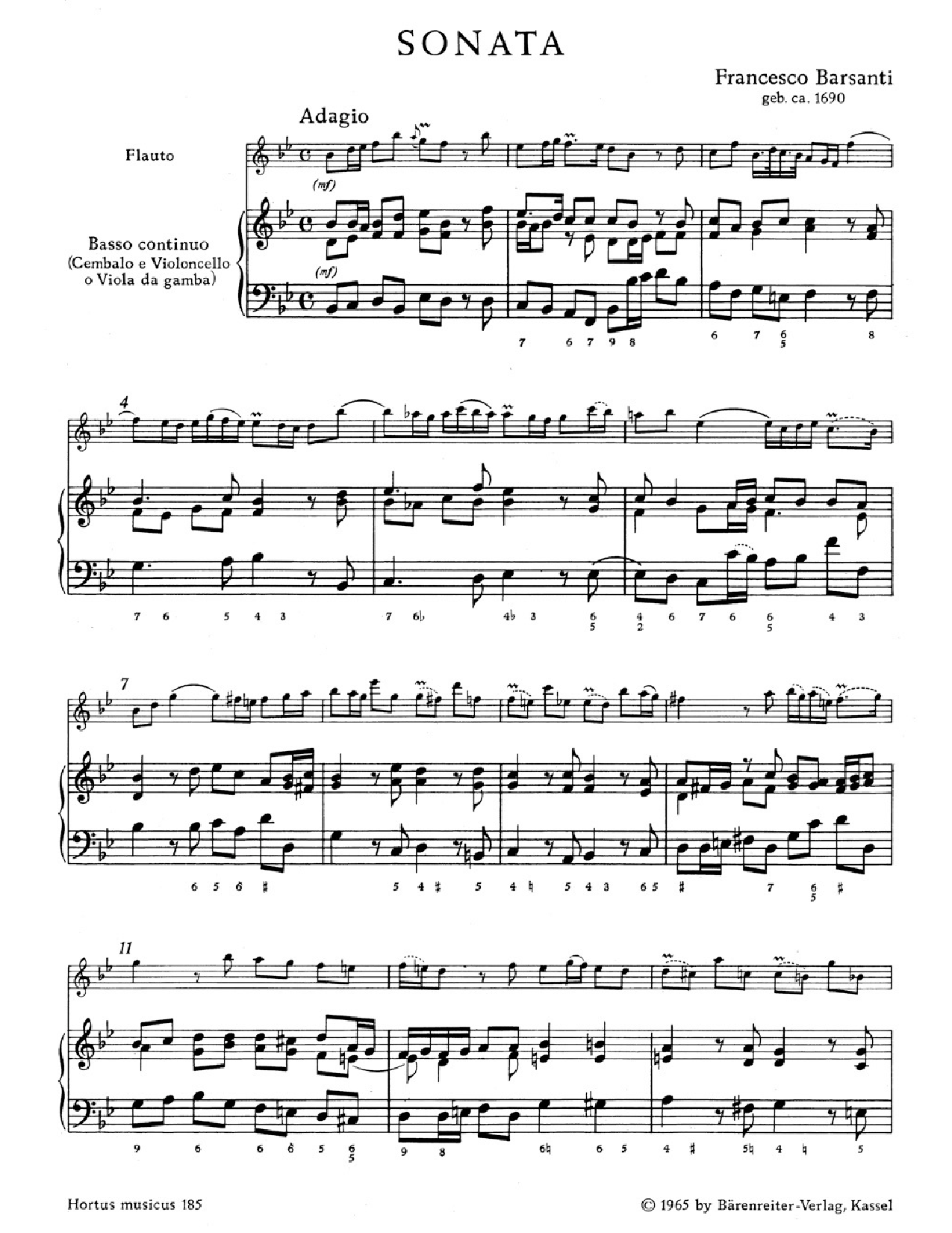 Sonate for Treble Recorder and Basso Continuo in B flat Major, Op. 1/6