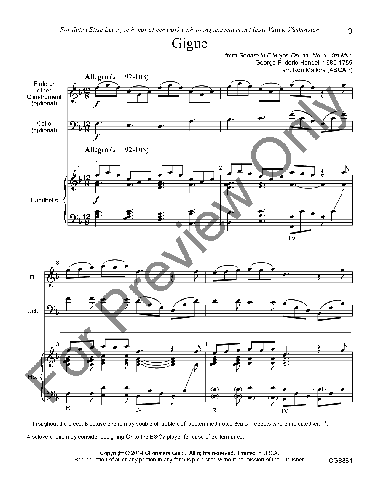 Gigue C Instrument And Cello Parts, Full Score