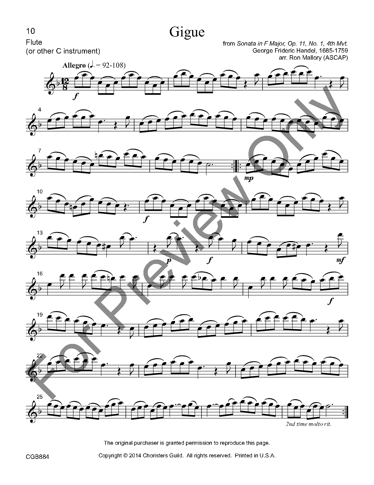 Gigue C Instrument And Cello Parts, Full Score