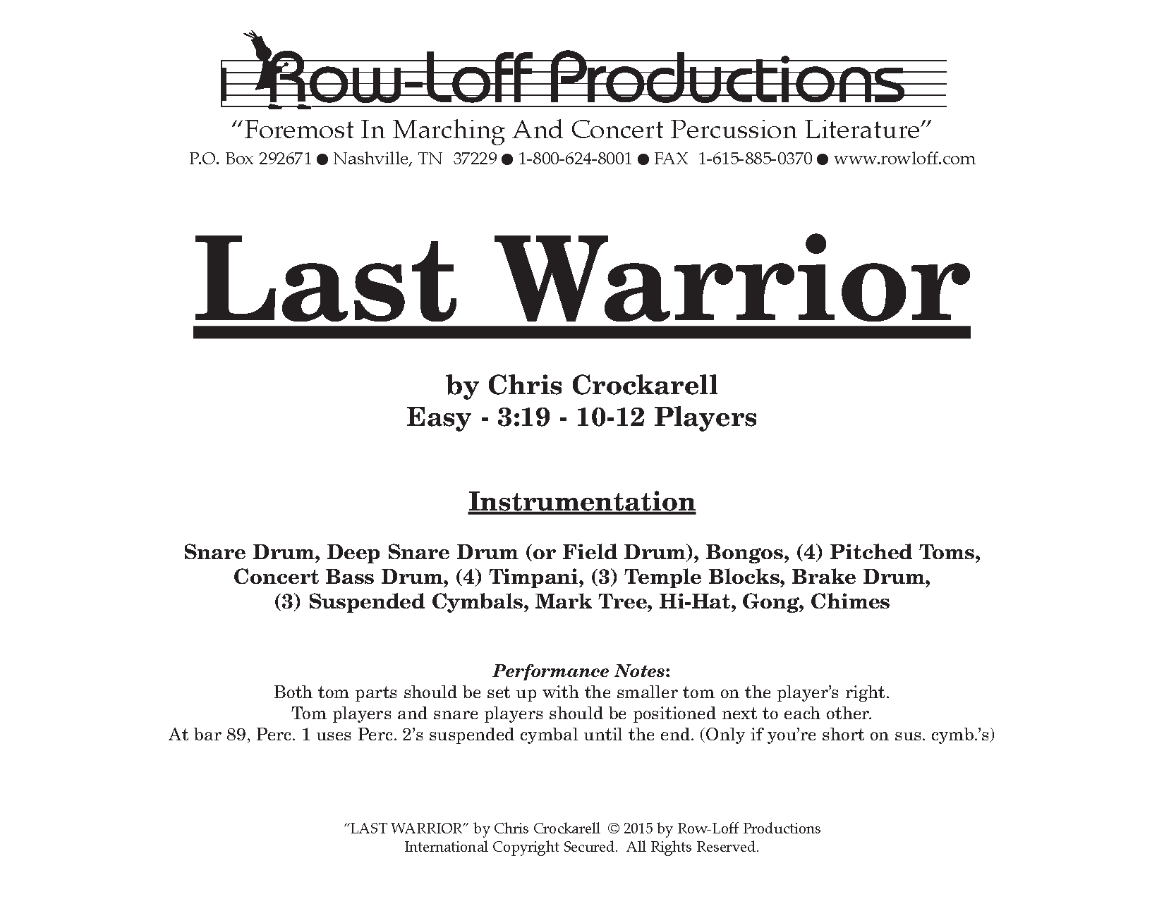 Last Warrior Percussion Ensemble - 10-12 players
