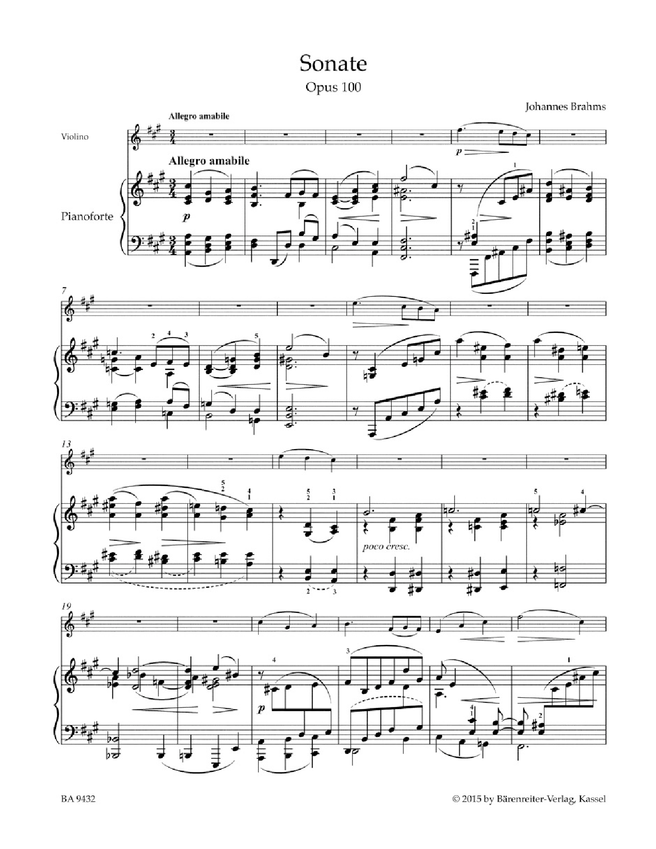 Sonata in A Major, Op. 100 Violin and Piano