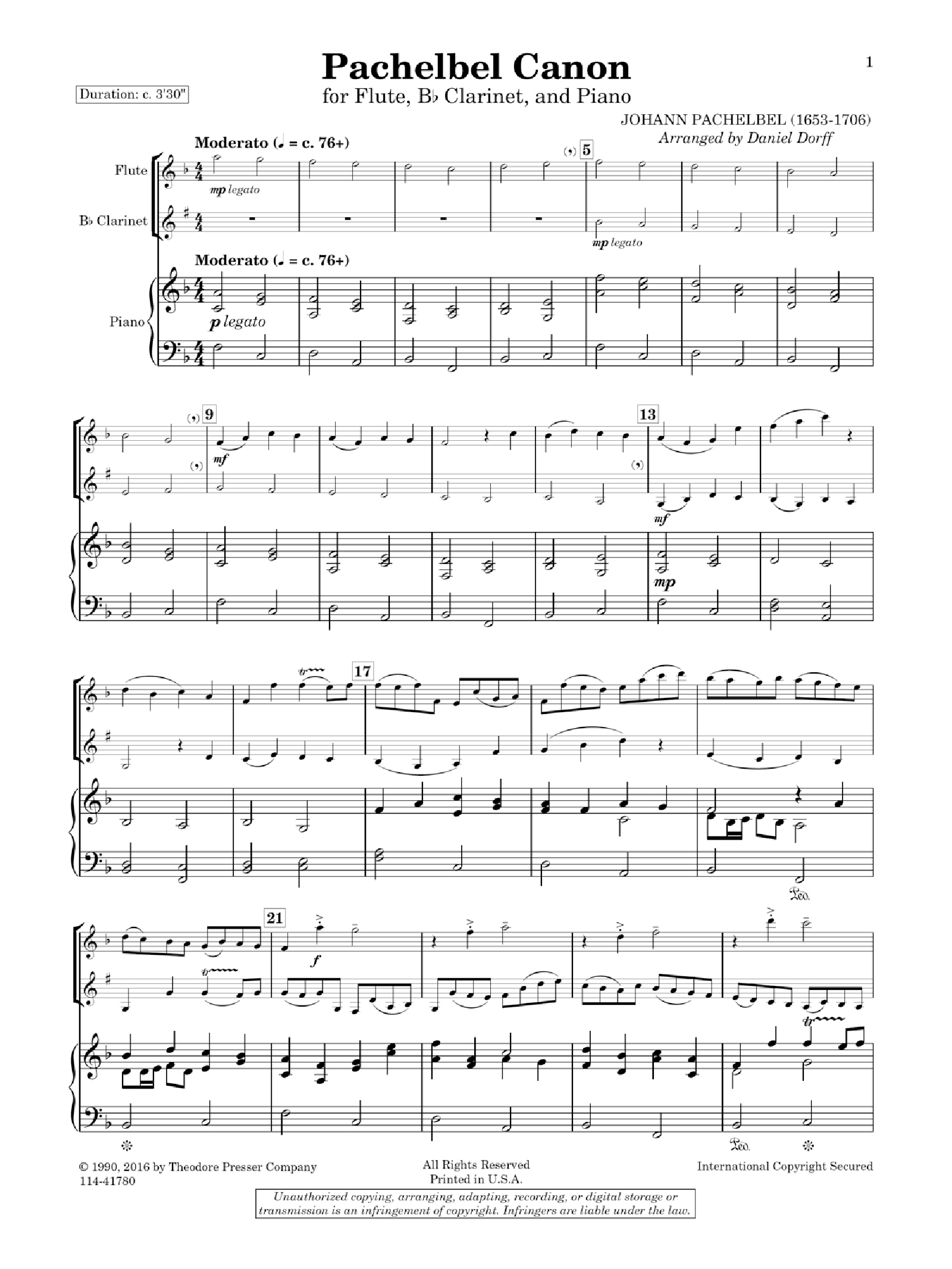 Pachelbel Canon Flute Clarinet and Piano