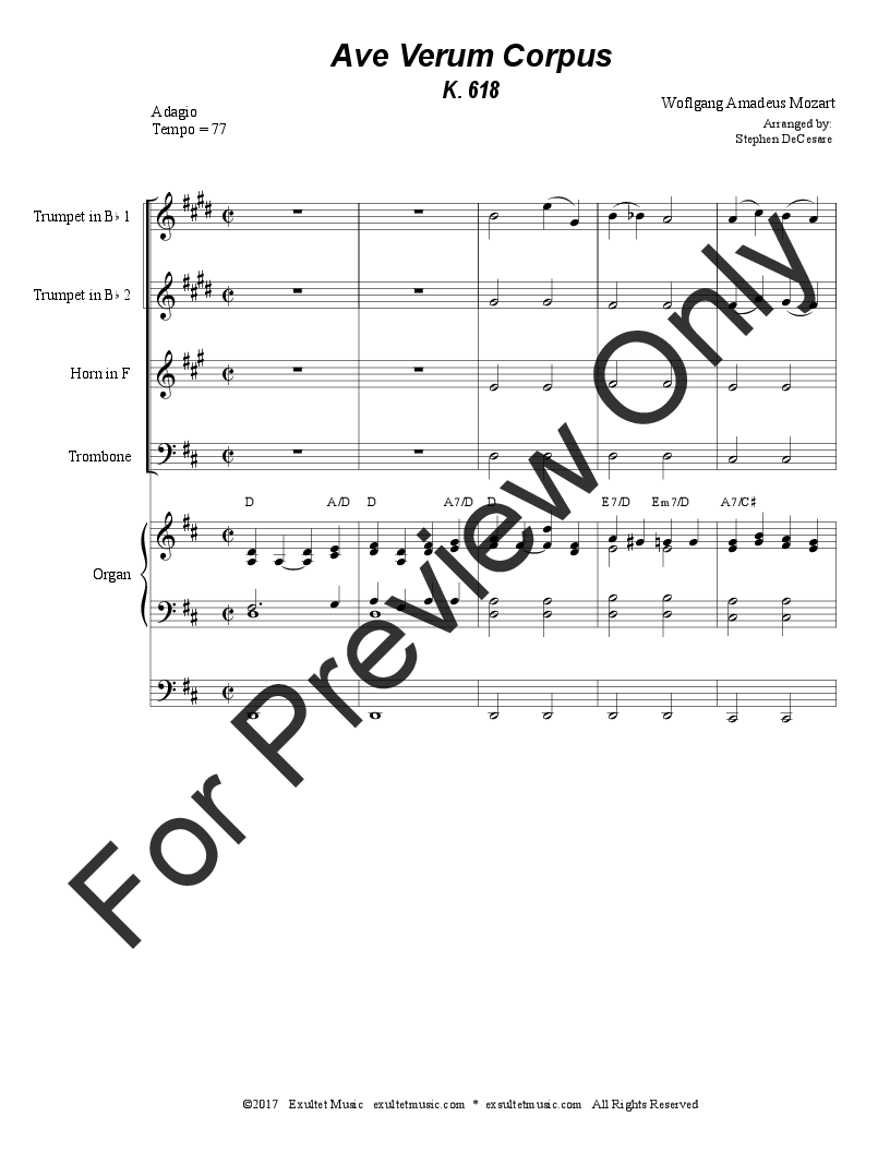Ave Verum Corpus (for Brass Quartet - Organ Accompaniment) P.O.D.