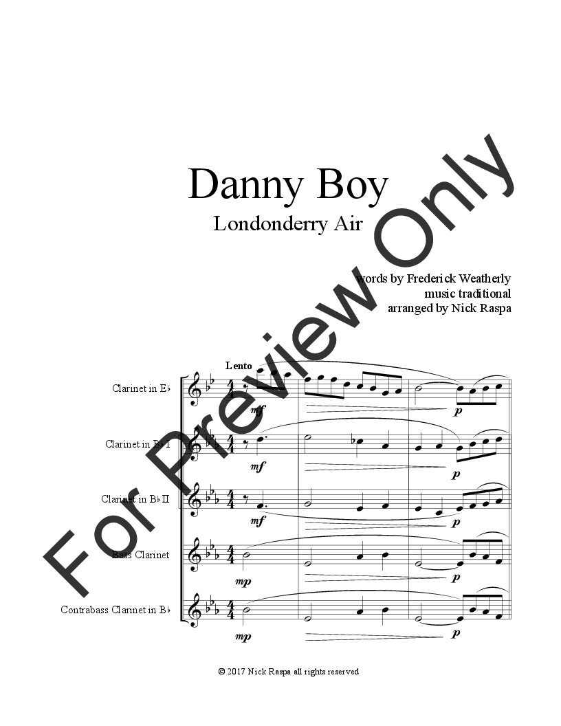 Danny Boy for Clarinet Choir (Eb, 2 Bb, Bass & CBass) P.O.D.