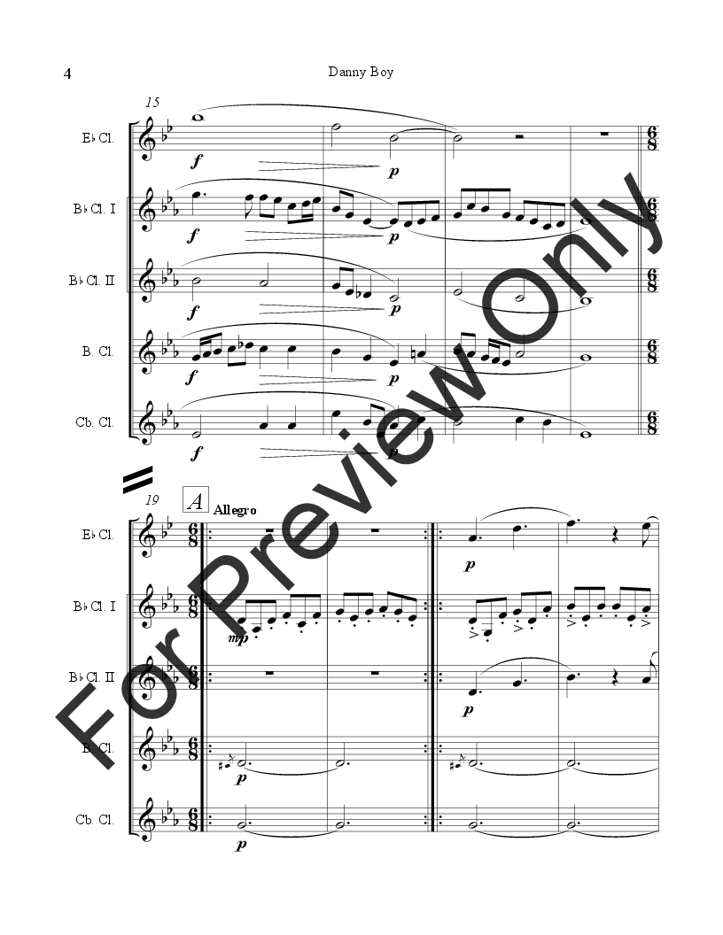 Danny Boy for Clarinet Choir (Eb, 2 Bb, Bass & CBass) P.O.D.