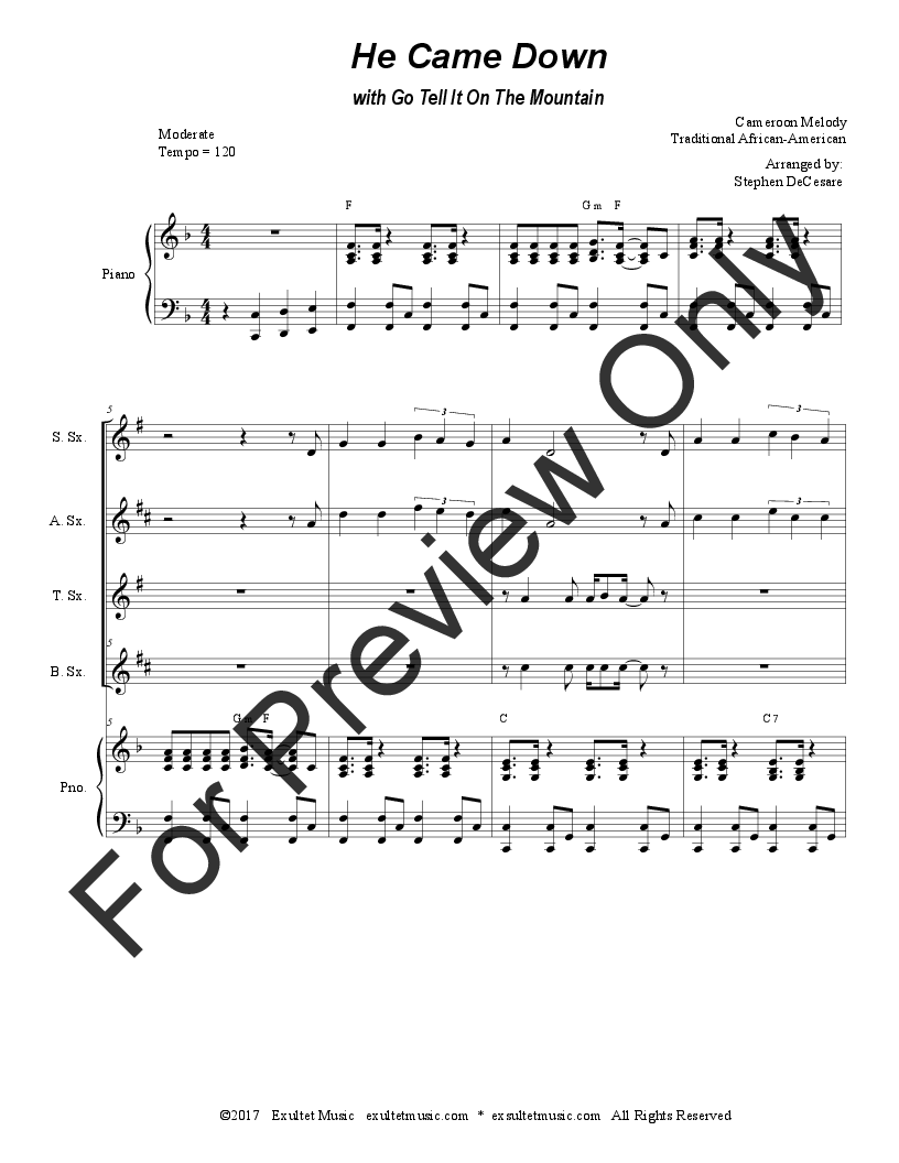 He Came Down (with Go Tell It On The Mountain) (for Saxophone Quartet) P.O.D.