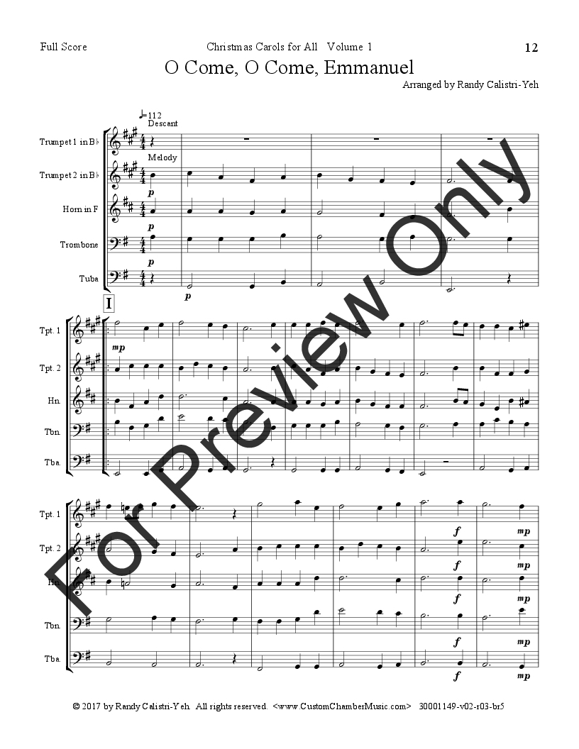 Christmas Carols for All, Volume 1 (for Brass Quintet) P.O.D.