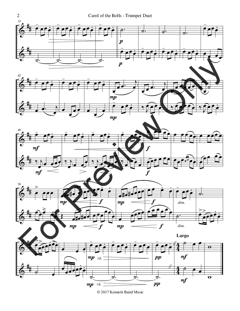 Carol of the Bells (Trumpet Duet ) by M | J.W. Pepper ...