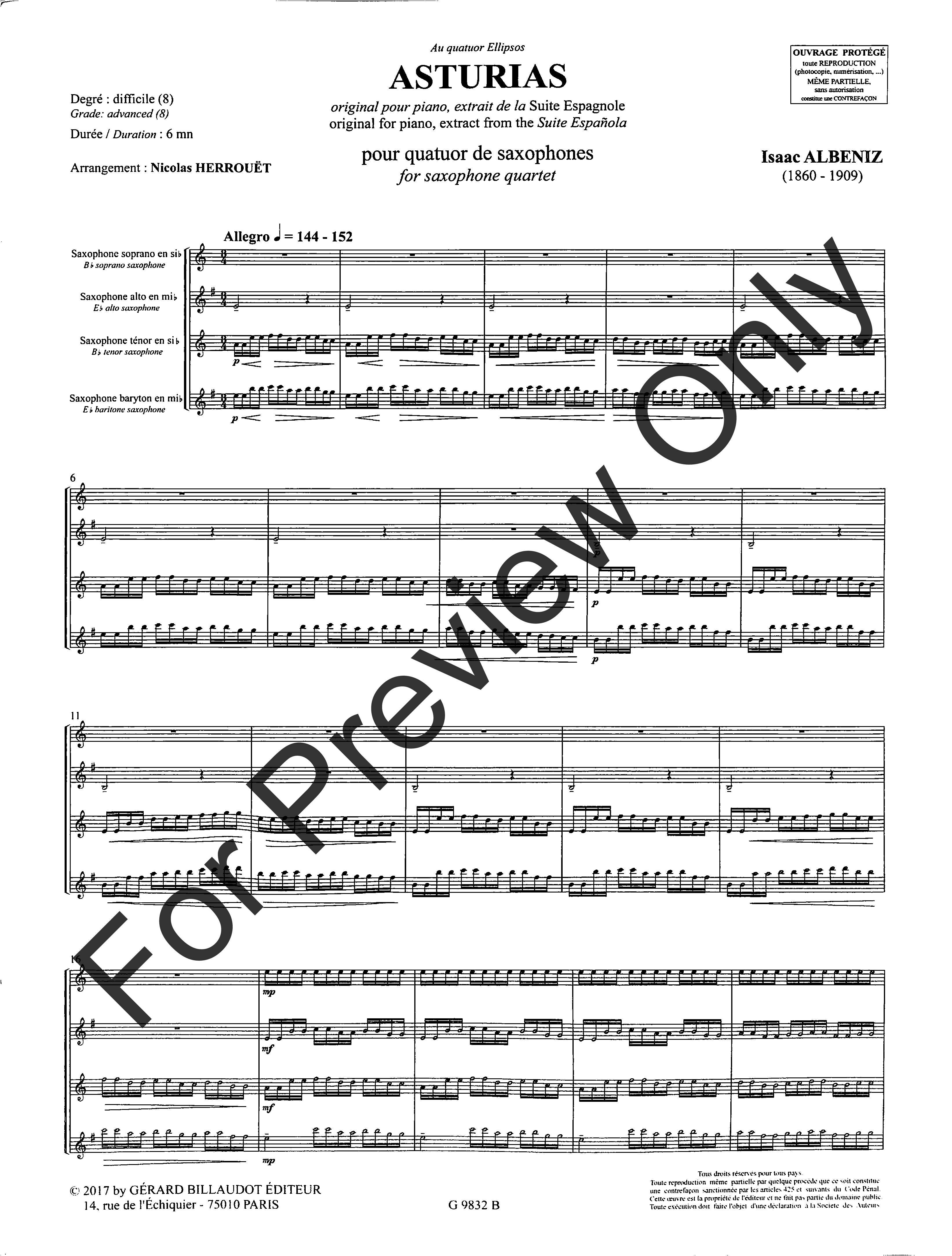 Asturias (Suite Espagnole) Import SATB Sax Quartet - Score and Parts