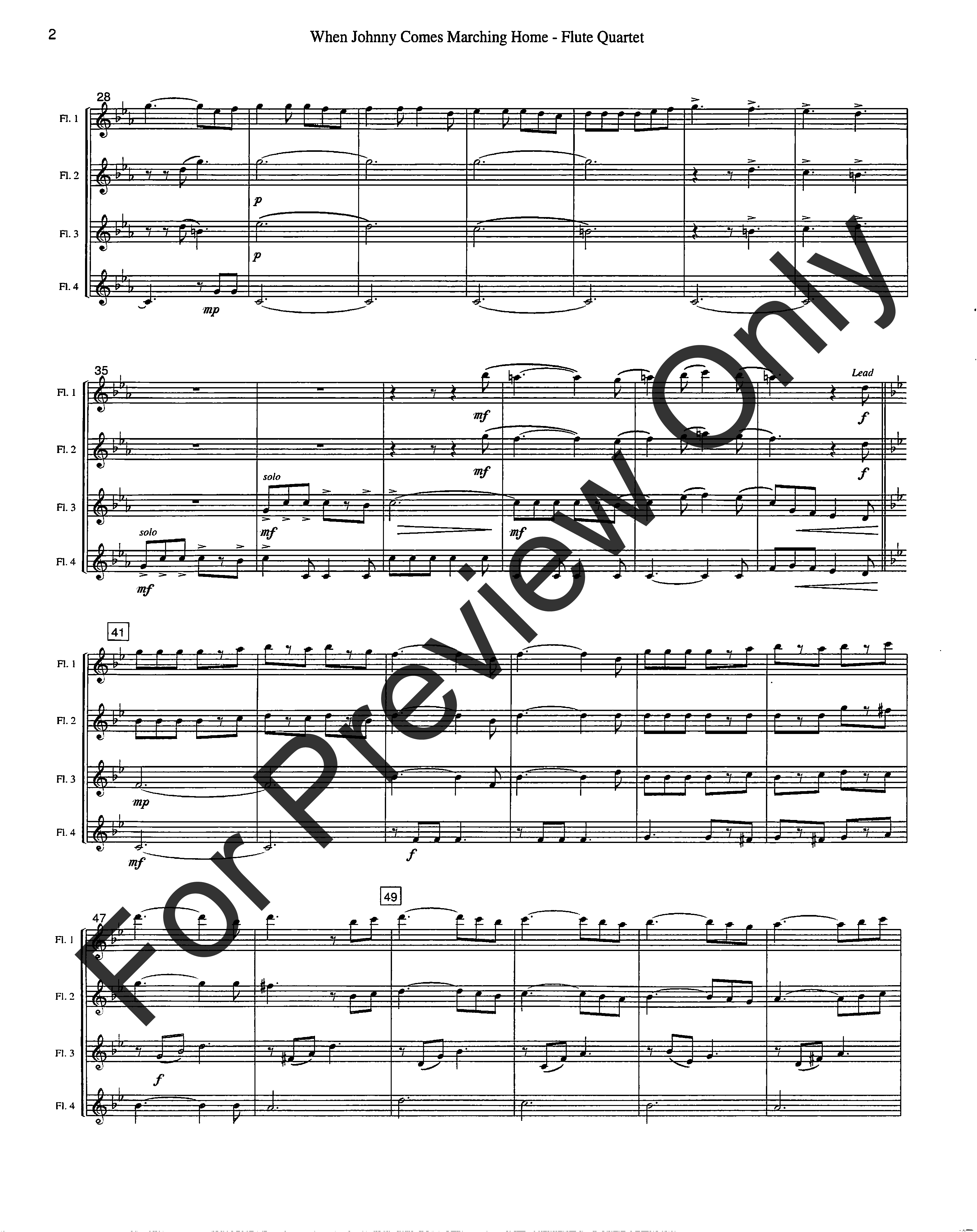 When Johnny Comes Marching Home Flute Quartet - opt. alto flute