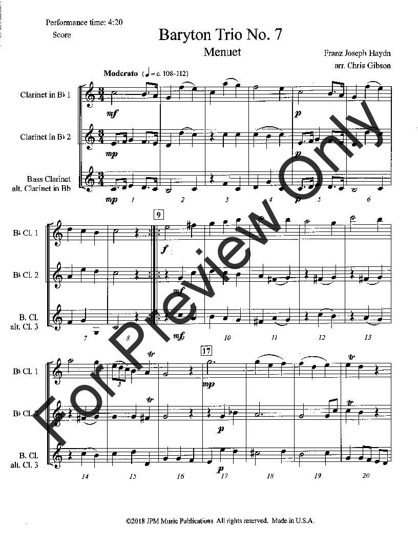 Baryton Trio #7, Menuet Clarinet Trio - 2 clarinet/bass clarinet, opt. 3 clarinet