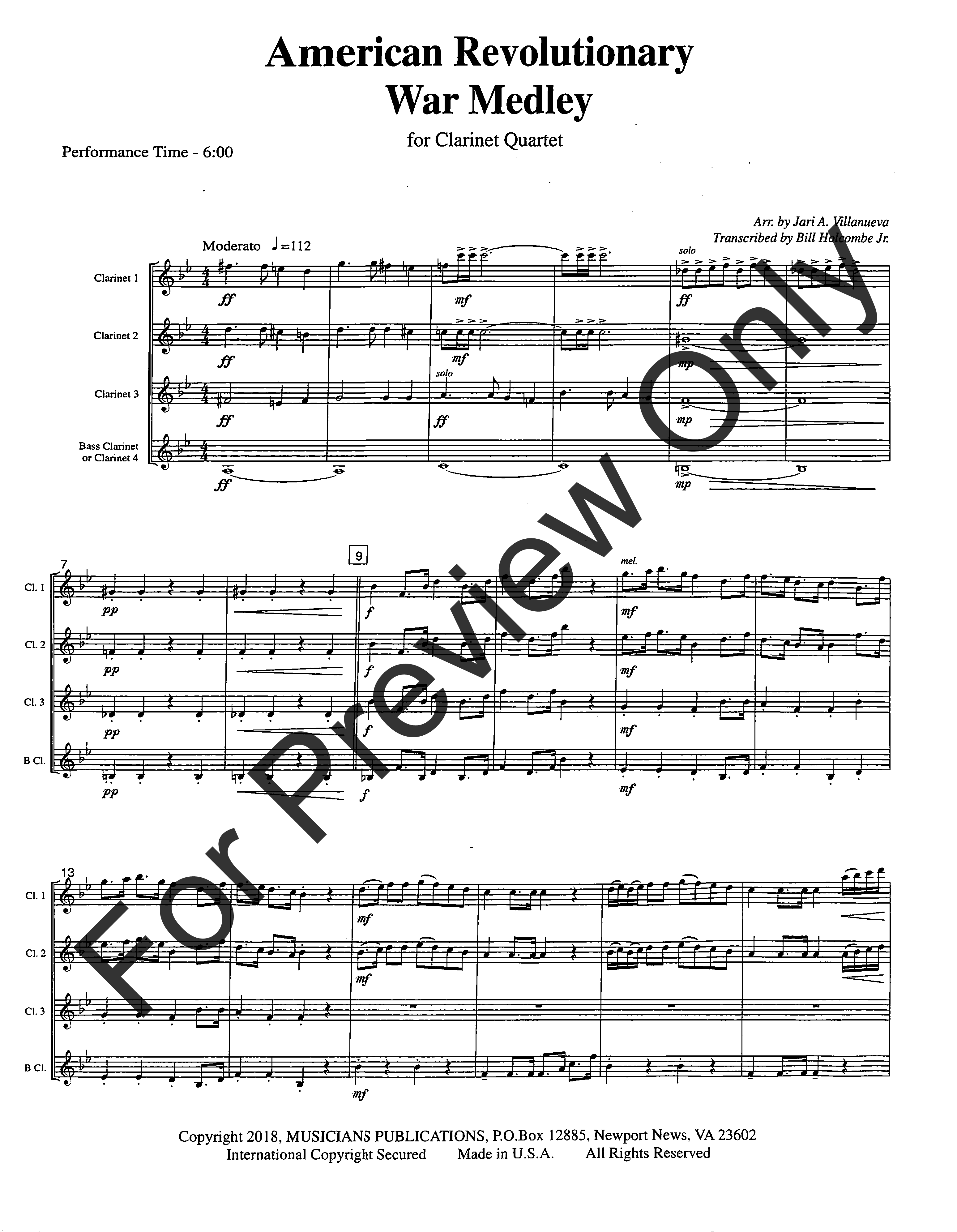 American Revolutionary War Medley Clarinet Quartet - opt. bass clarinet for clarinet 4