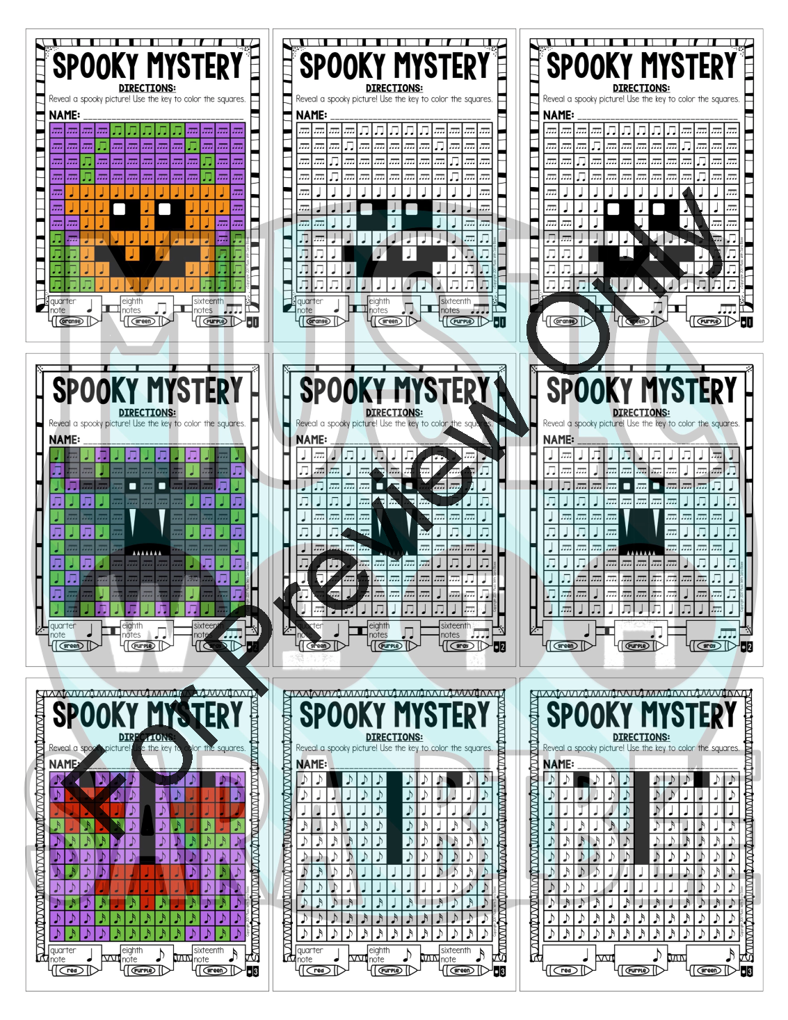 Spooky Mystery Music Grids Quarter/Eighth/Sixteenth Notes PDF