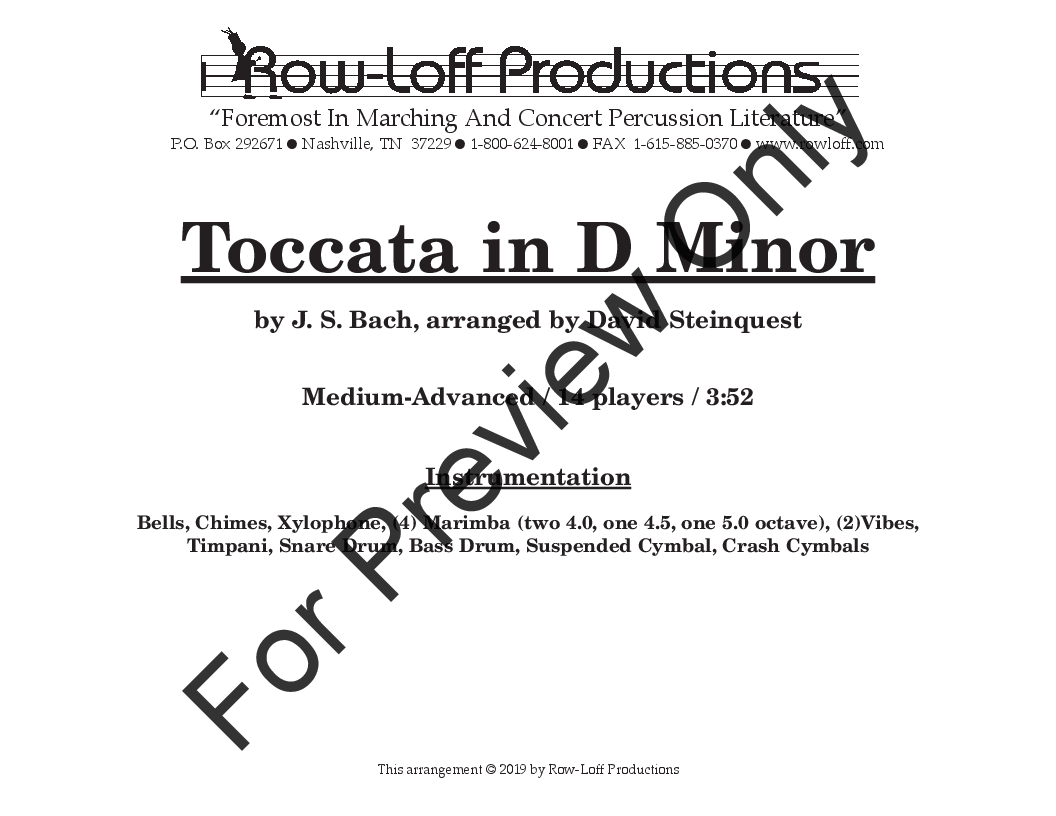 Toccata in D MInor Percussion Ensemble - mallet keyboard, timpani, battery percussion