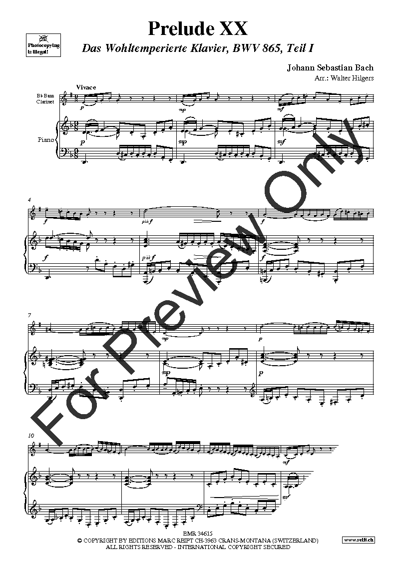 Prelude XX, BWV 865 Bass Clarinet and Piano