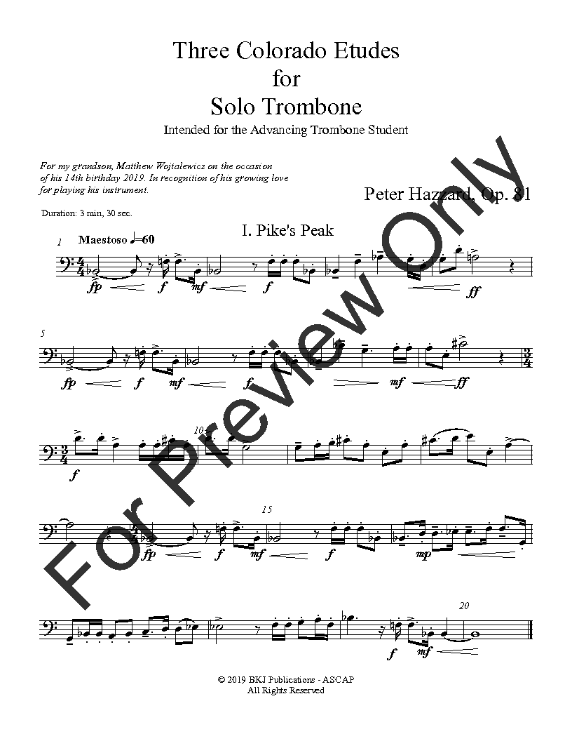 Three Colorado Etudes for Solo Trombone , Op.81 P.O.D.