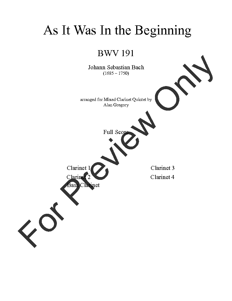 As It Was in the Beginning Clarinet Quintet P.O.D.