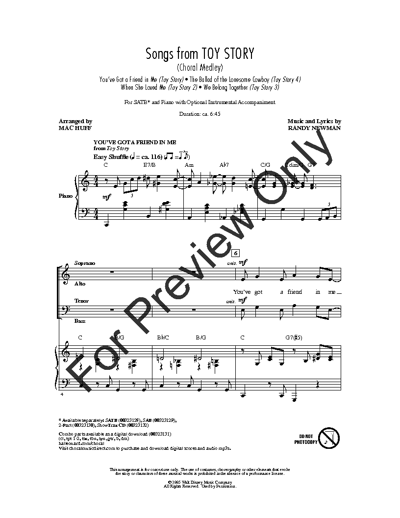 Songs From Toy Story Satb By Randy Newman J W Pepper Sheet Music
