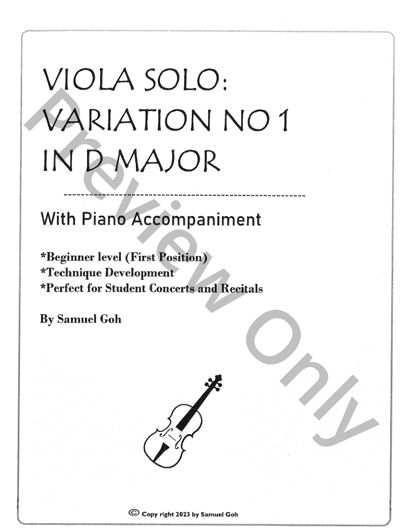 Easy Viola Solo:   Variation No 1 in D Major for Viola and Piano P.O.D