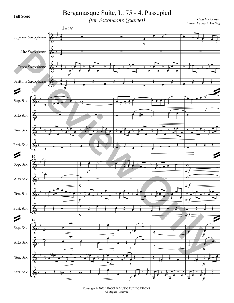 Bergamasque Suite 4. Passepied (for Saxophone Quartet SATB) P.O.D