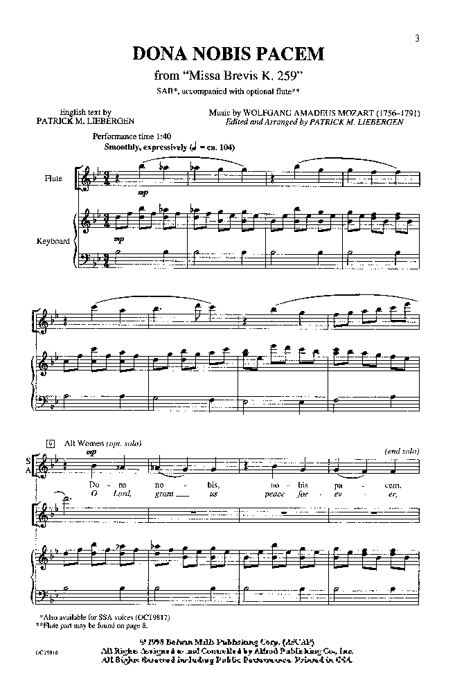 Dona Nobis Pacem (SAB ) by W.A. Mozart / arr | J.W. Pepper Sheet Music
