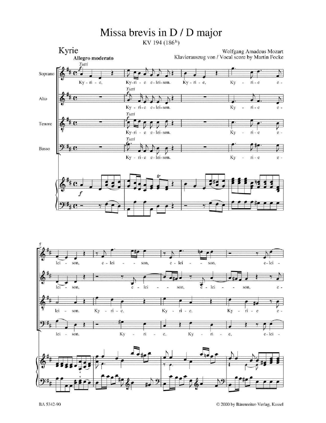 MISSA BREVIS IN D K194 VOCAL SCORE